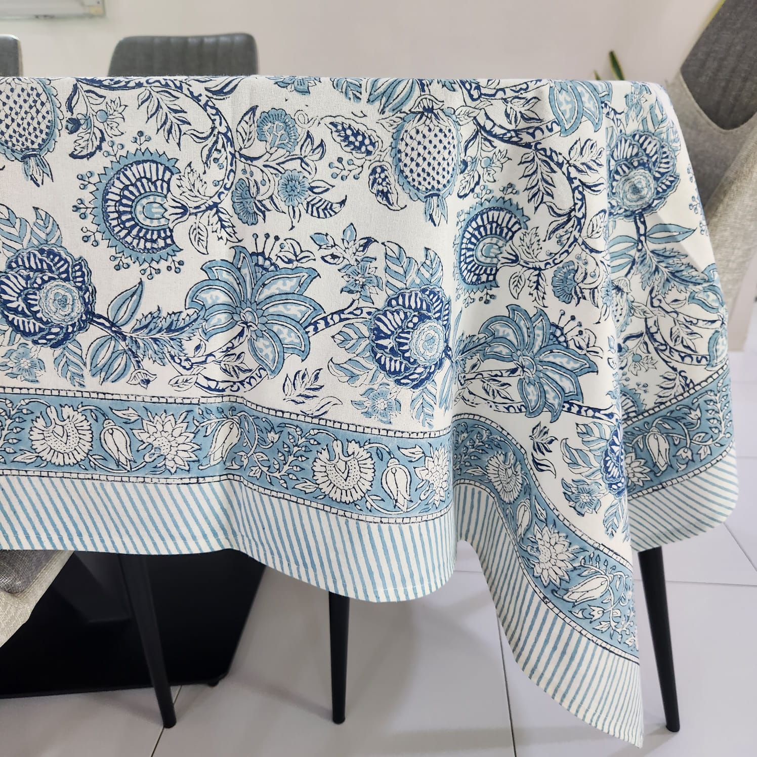 Light blue floral Rectangle Tablecloth – 6 seater and 8 seater & Round 4- Seater