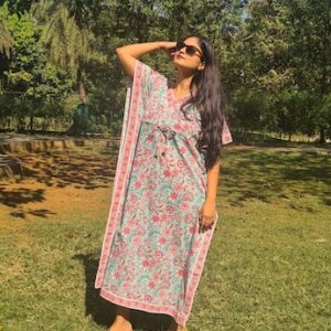 Turquoise Floral Cotton Kaftan