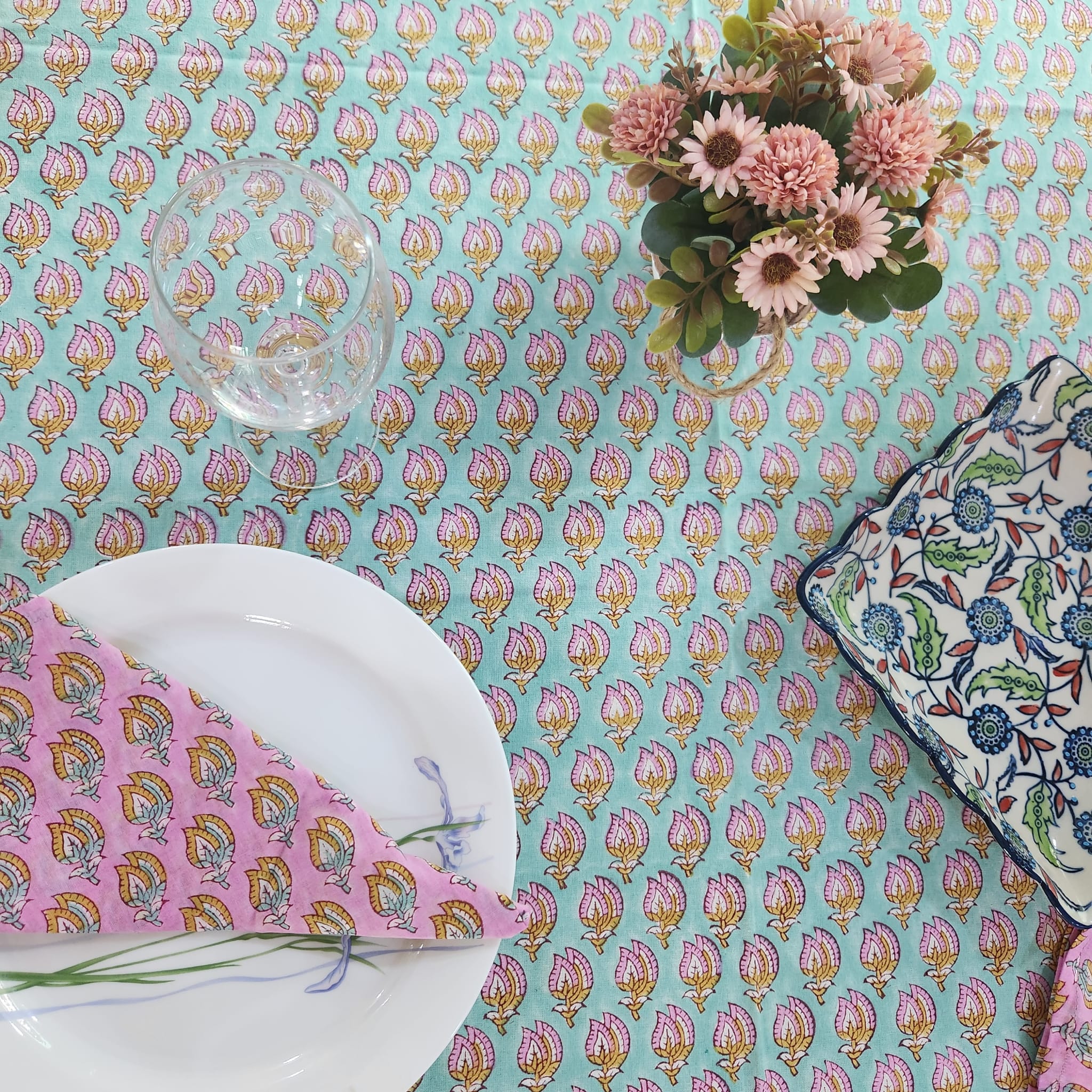 Turquoise floral rectangle Tablecloth – 6 seater and 8 seater & Round 4 Seater