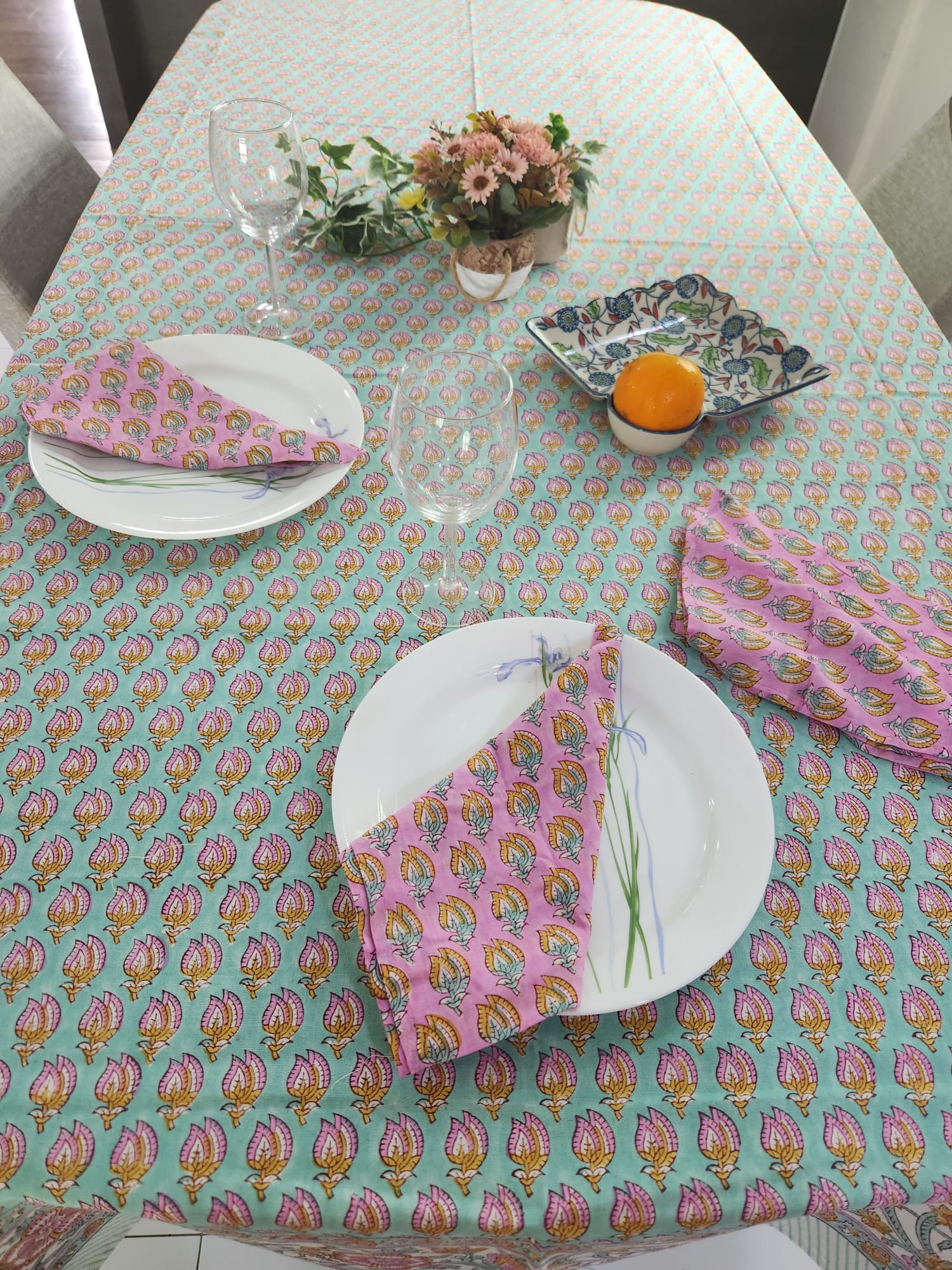 Turquoise floral rectangle Tablecloth – 6 seater and 8 seater & Round 4 Seater - Image 3