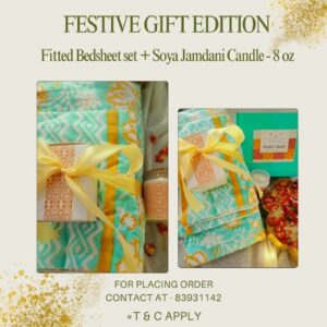 Festive Gift Hamper - Fitted Bedsheet & Jamdani Soy Candle- 8 Oz