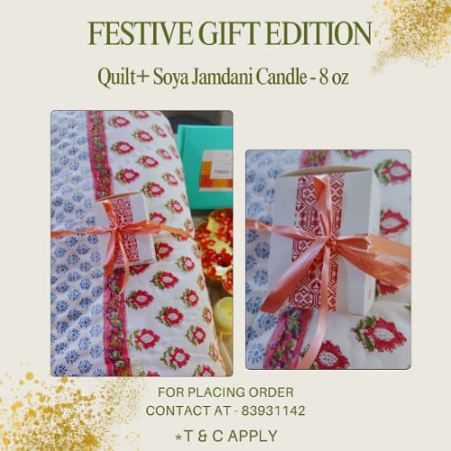 Festive Gift Hamper - Quilt & Jamdani Soy Candle- 8 Oz